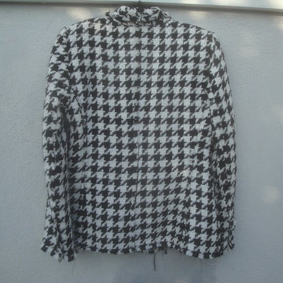 Zara Frayed Houndstooth Check Black-White Plaid Preppy Professional Blazer Large - Picture 6 of 8